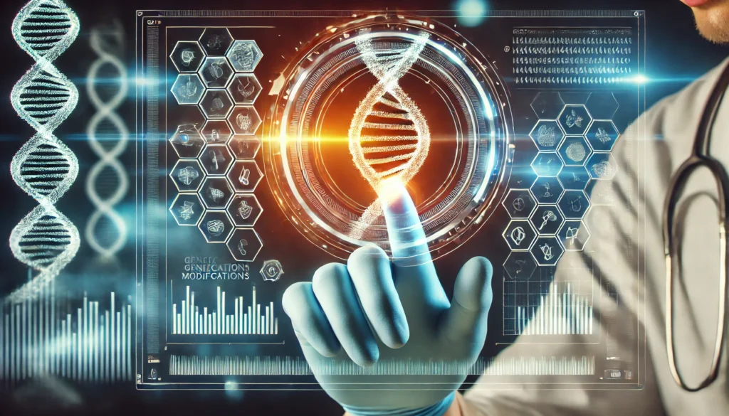 A visually striking representation of gene therapy, featuring a futuristic medical interface where a glowing double-helix floats in a holographic display. A scientist’s gloved hand interacts with the interface, symbolizing precision in genetic modifications.
