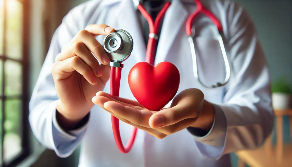 A doctor gently holds a red heart-shaped model while using a stethoscope to listen, symbolizing a heart health checkup in a clinical setting.