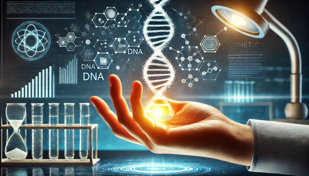 A conceptual image of a human hand delicately holding a glowing DNA strand, symbolizing control over genetic material, set against a high-tech laboratory background with futuristic lighting.