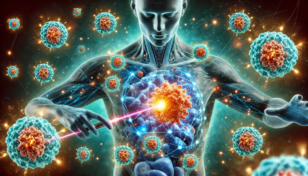A futuristic depiction of glowing immune cells attacking cancer cells inside the human body, symbolizing advancements in precision immunotherapy for cancer treatment.