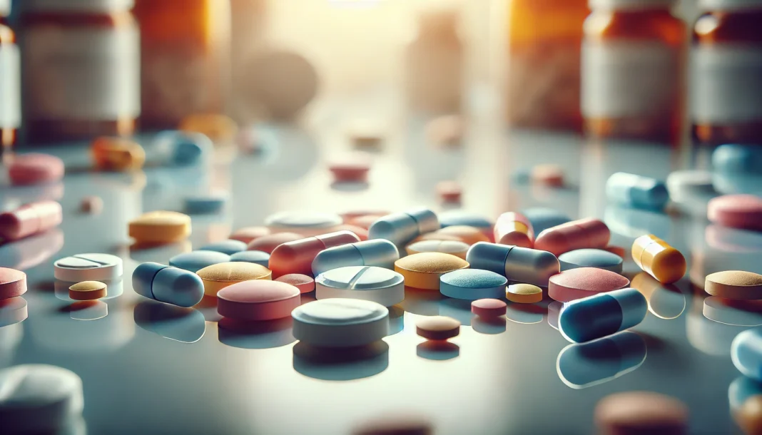 A close-up view of modern antidepressant pills in various colors and shapes, scattered on a clean, reflective surface. The soft lighting highlights the advancements in depression treatment with new medication options.