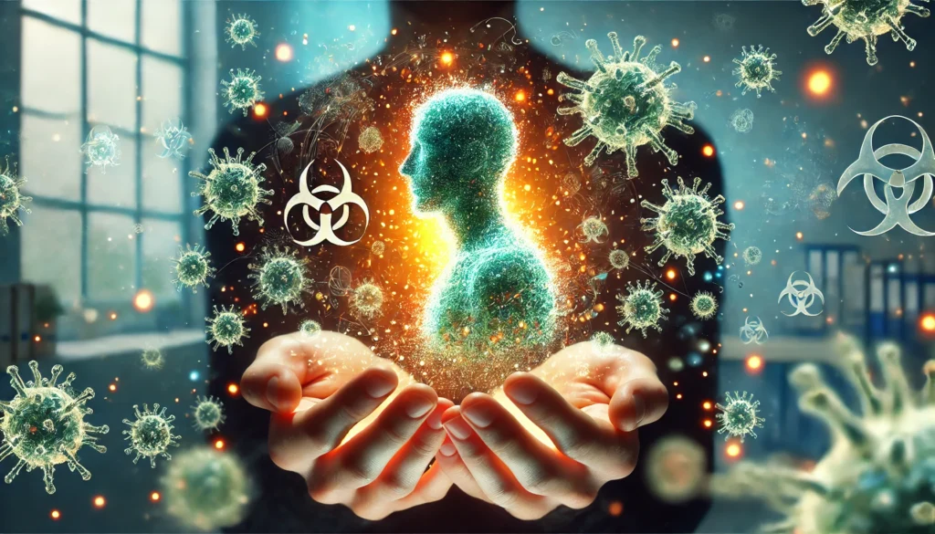 A conceptual illustration of infectious disease, depicting a person surrounded by an invisible cloud of glowing pathogens. The image symbolizes the unseen nature of disease transmission.