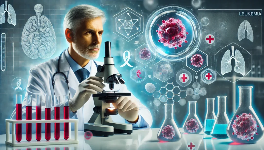 A scientist in a laboratory examining a blood sample under a microscope. The background features high-tech medical equipment and test tubes, symbolizing ongoing leukemia research and advancements in treatment development.