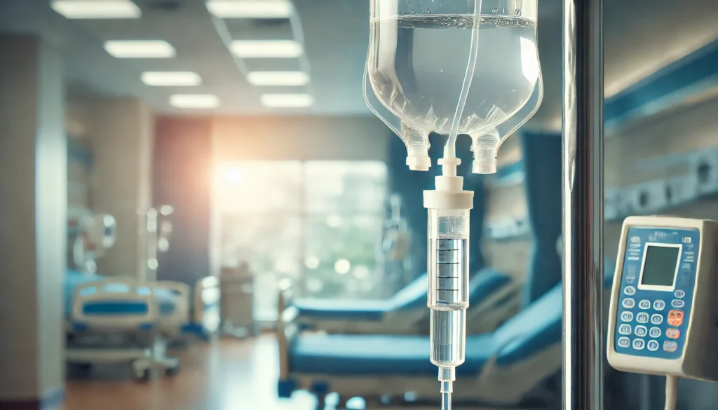 A close-up of an intravenous (IV) drip system delivering chemotherapy treatment. The focus is on the transparent IV bag and tubing, with a blurred hospital setting in the background, symbolizing leukemia therapy through infusion.