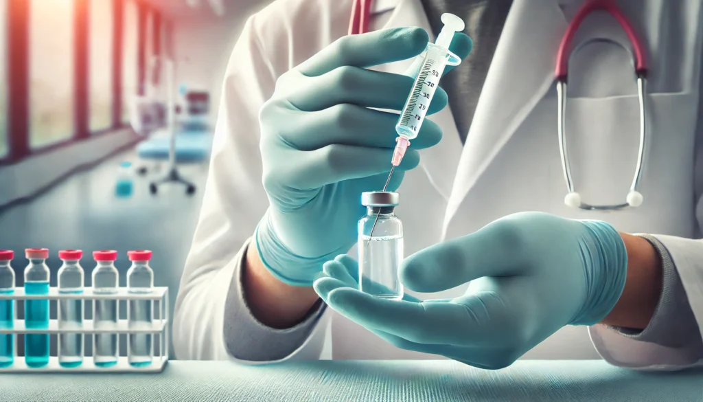 A medical professional preparing for a bone marrow transplant, with gloved hands handling a sterile syringe and vial. The background features a softly blurred clinical setting, representing the crucial role of transplants in leukemia treatment.