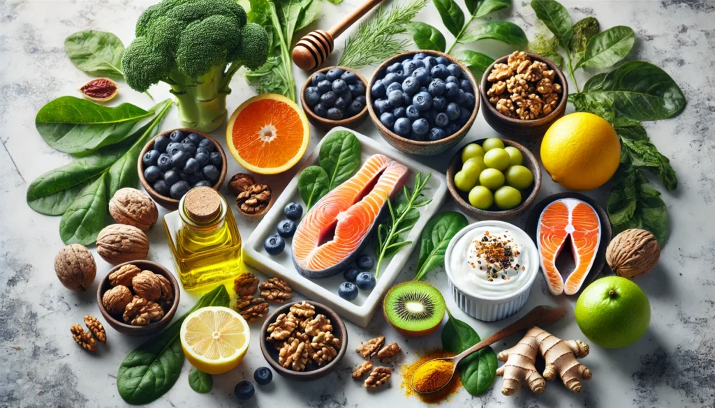 A clean and elegant display of the healthiest foods, featuring leafy greens, walnuts, turmeric root, salmon, olive oil, and Greek yogurt on a marble surface.