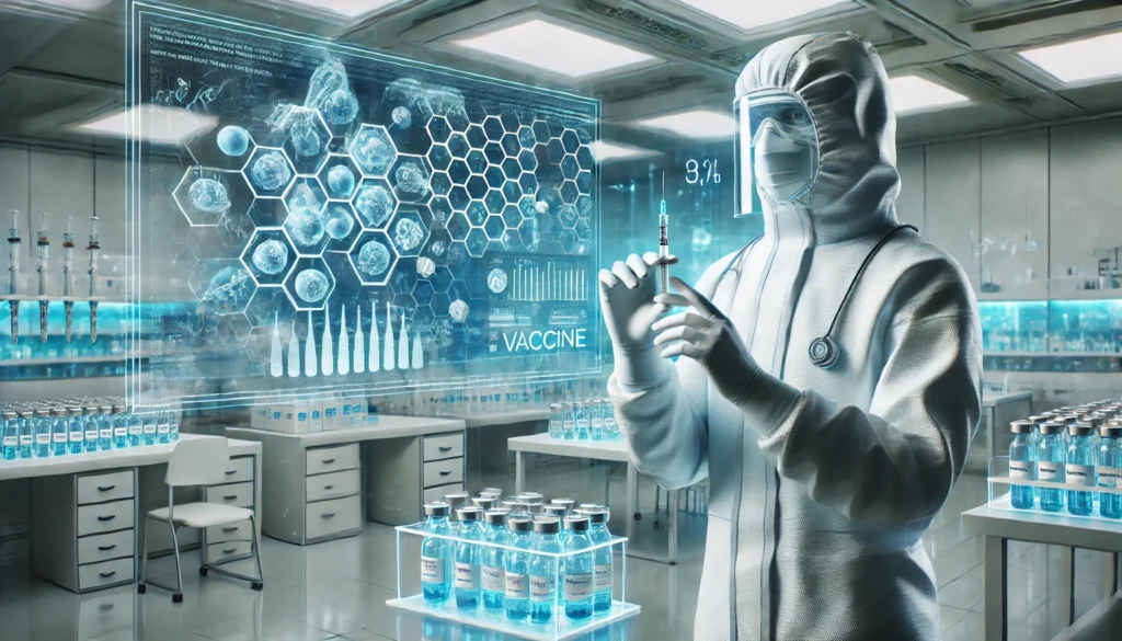 A medical professional in a protective suit preparing a vaccine injection in a futuristic laboratory. The background includes advanced medical technology, sterile surfaces, and digital monitoring screens displaying molecular structures.