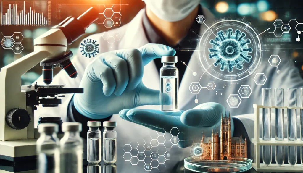 A close-up of a medical researcher holding a vial of a newly developed vaccine in a high-tech lab. The scene includes microscopes, petri dishes, and biotechnology tools, representing advancements in vaccine research.