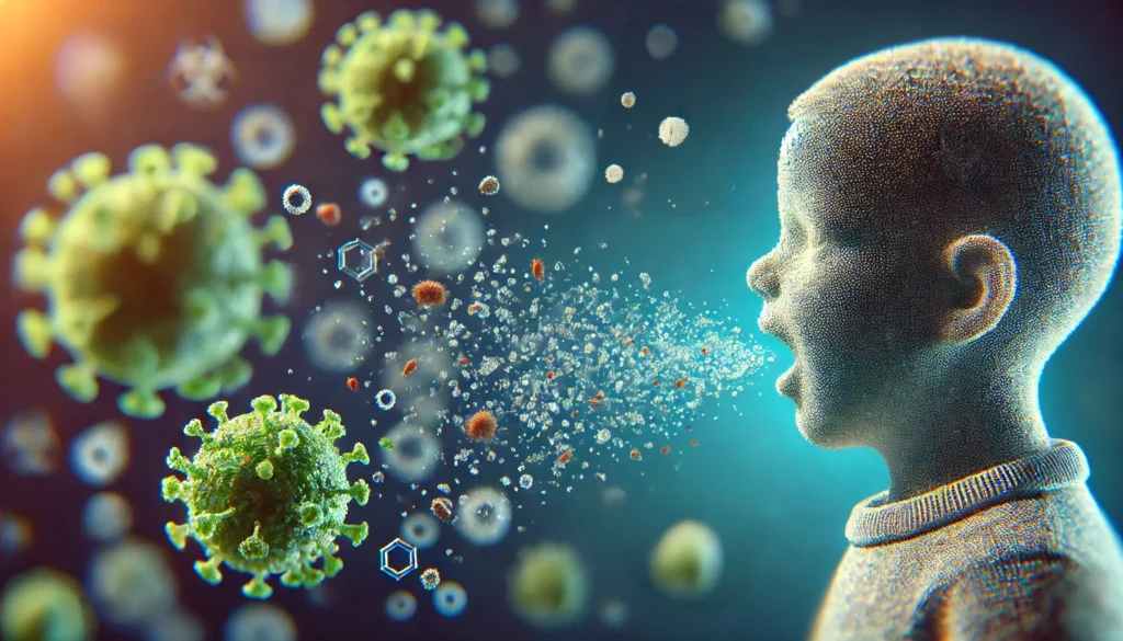 A medical-style depiction of measles virus transmission. A child is shown coughing, expelling airborne droplets carrying the virus, with another person nearby, highlighting the contagious nature. No text or labels.