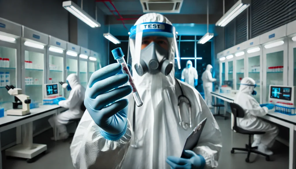 A close-up of a medical worker wearing full protective gear, including a face shield, mask, and gloves, holding a virus test sample in a secure laboratory. The background features a high-tech lab environment with scientists working in hazmat suits, highlighting urgency in pandemic response.