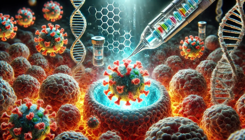 A highly detailed microscopic visualization of gene therapy, depicting viral vectors delivering modified genetic material into human cells. The glowing, futuristic aesthetic highlights advancements in biotechnology, cellular engineering, and precision medicine.