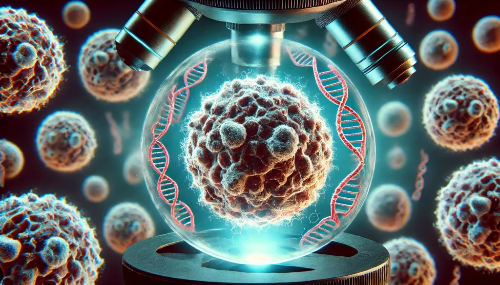 A highly detailed microscopic view of genetically abnormal cells with irregular structures and mutations, illuminated under a high-tech microscope, representing genetic disorders and instability.
