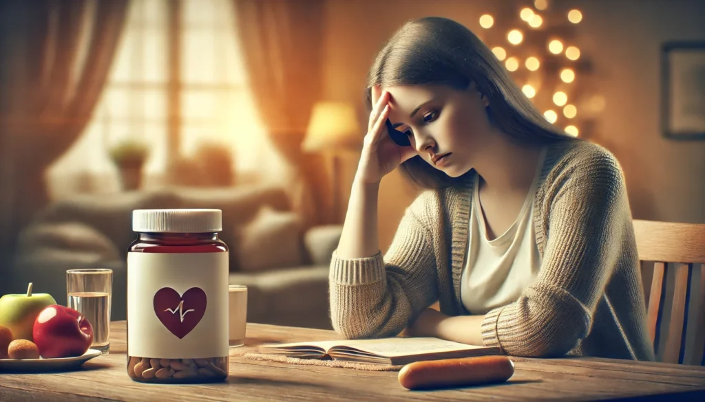 A person sitting alone at a table with a distant, frustrated expression. The softly blurred background features a cozy home setting with warm lighting, subtly conveying emotional changes and irritability.