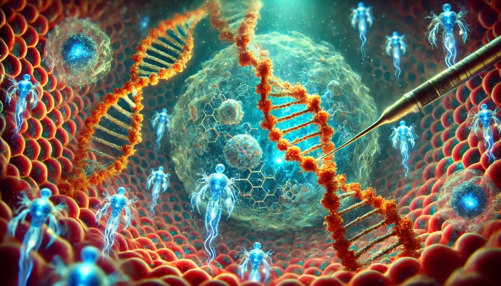 An artistic visualization of gene therapy, illustrating microscopic nanobots repairing damaged DNA strands inside a human cell. The glowing cellular environment emphasizes intricate genetic modifications at a molecular level.