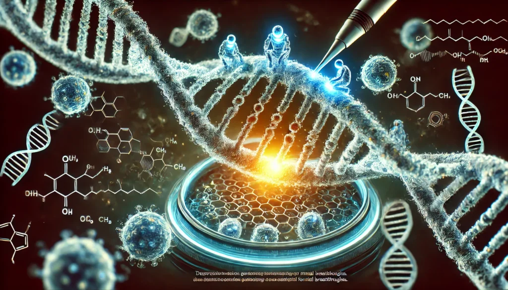 A highly detailed visualization of a glowing DNA strand being edited at a microscopic level by tiny nanobots, symbolizing precision genetic engineering advancements in healthcare.