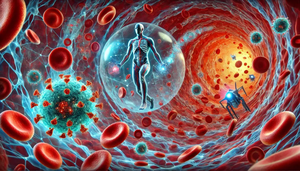 A futuristic depiction of nanorobots navigating the human bloodstream, interacting with red blood cells, and precisely delivering targeted drug therapy to diseased cells.