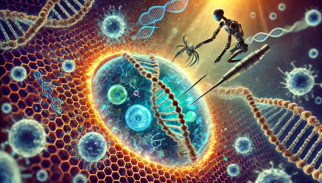A conceptual illustration of gene therapy, depicting microscopic nanorobots repairing and modifying genetic structures inside a human cell. The glowing cellular environment showcases intricate molecular details.