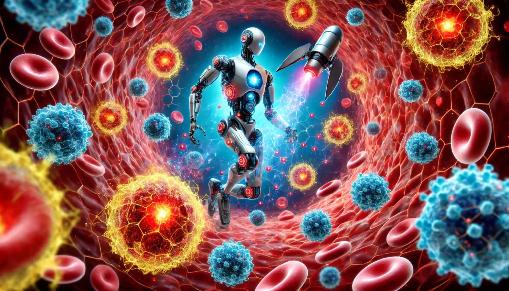 A futuristic depiction of nanorobots navigating the human bloodstream, precisely targeting and eliminating cancer cells, representing breakthroughs in nanomedicine.