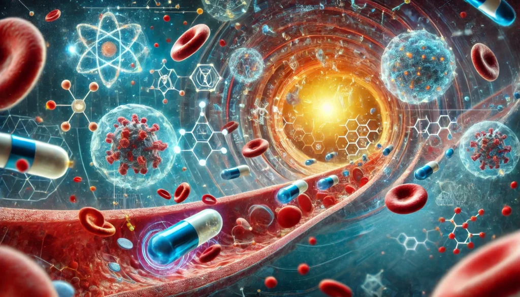 A futuristic depiction of microscopic nanobots in the bloodstream interacting with various drug molecules, symbolizing cutting-edge medical biotechnology and innovative drug delivery systems.