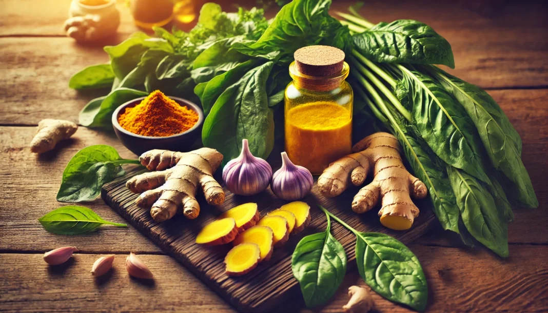 A visually appealing still life arrangement of turmeric root, ginger, and fresh leafy greens on a wooden surface, symbolizing natural ways to reduce joint inflammation. Warm natural lighting highlights their organic textures.