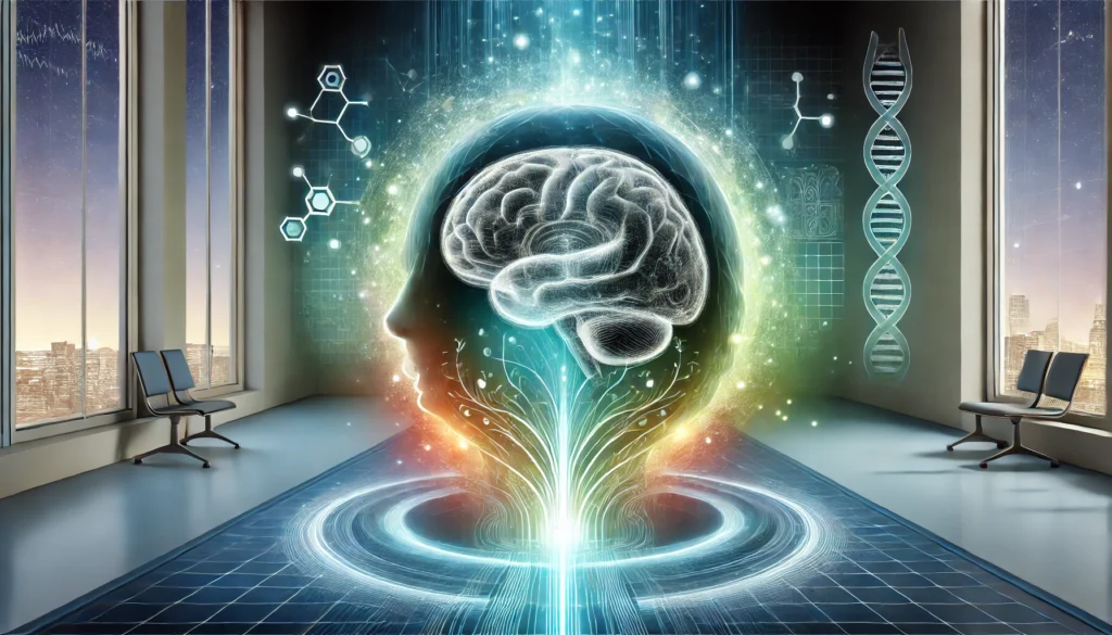 A futuristic artistic depiction of schizophrenia treatment, showcasing a brain encased in a protective, glowing shield with smooth neural pathways forming inside. A calming blue and green aura surrounds it, symbolizing stability, mental clarity, and breakthrough therapy. The background features a high-tech medical setting, reinforcing the theme of scientific progress and innovation.