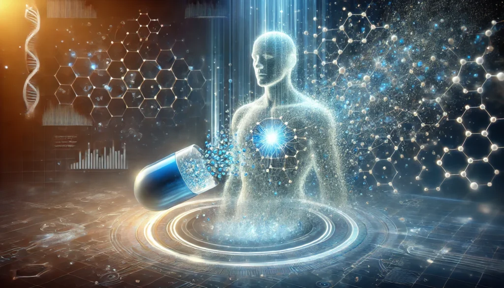 A futuristic visualization of cutting-edge medicine, showing a glowing capsule dissolving into microscopic nanotechnology. The particles spread through a transparent human figure, symbolizing an advanced breakthrough therapy targeting diseases at a molecular level. The background features a high-tech scientific aesthetic with a blue and white color scheme, emphasizing medical innovation.