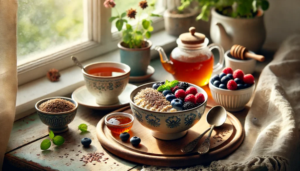 A cozy breakfast scene featuring a bowl of oatmeal topped with flaxseeds, fresh berries, and honey, accompanied by a cup of herbal tea near a sunlit window, emphasizing gut-friendly nourishment.