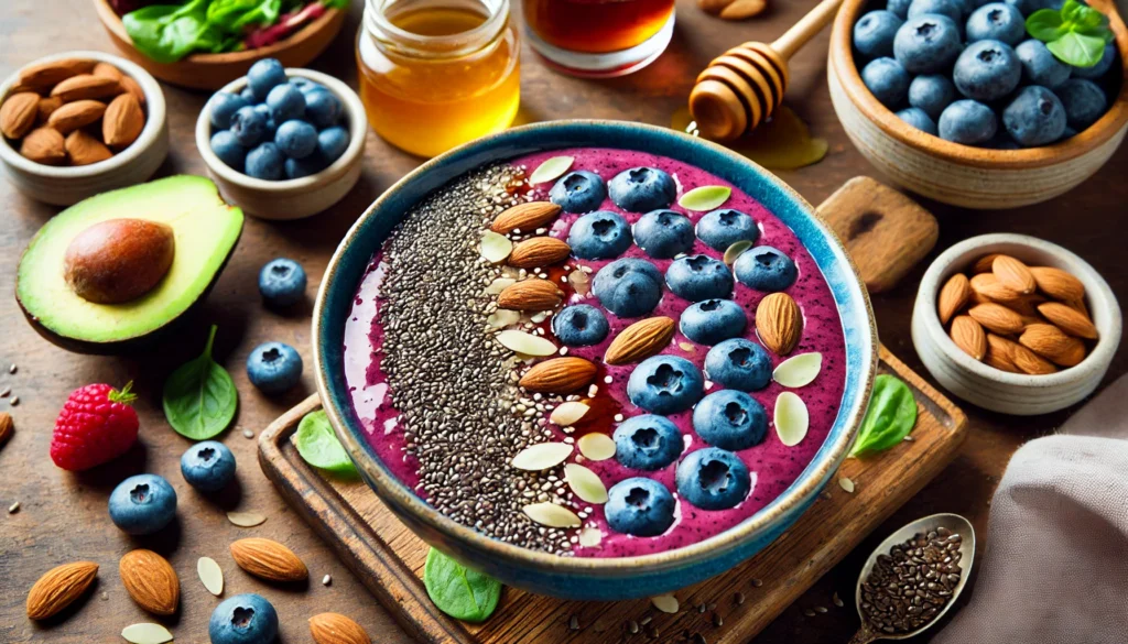 A vibrant smoothie bowl filled with heart-healthy ingredients such as blueberries, chia seeds, flaxseeds, and almonds, topped with a drizzle of honey, surrounded by fresh ingredients on a wooden table.