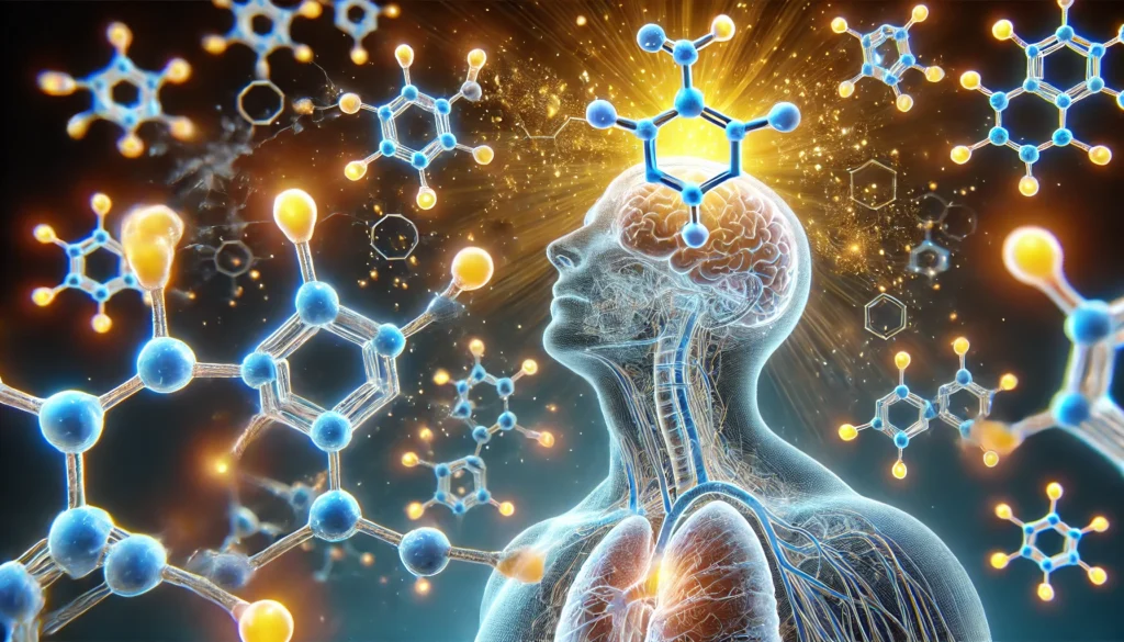A conceptual visualization of glowing opioid molecules interacting with human brain receptors, representing the powerful effects of ultra-potent opioids on neural pathways.