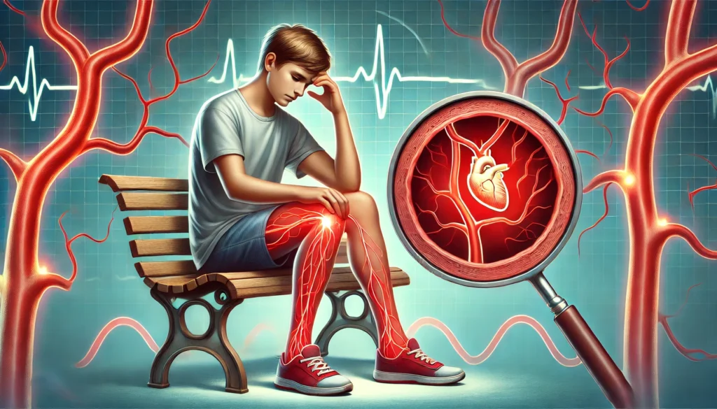 A symbolic representation of PAD, featuring a teenager sitting on a bench massaging their aching legs, with glowing red arteries indicating blocked blood flow and a magnified view of plaque buildup.