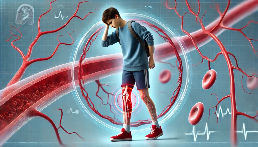 A medical illustration of a teenager walking with visible discomfort, clutching their leg, with a semi-transparent overlay of narrowed arteries and plaque buildup.