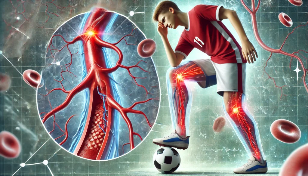 A conceptual illustration of a teenage soccer player struggling with leg pain, showing inflamed and narrowed arteries with an inset cross-section of a diseased artery.