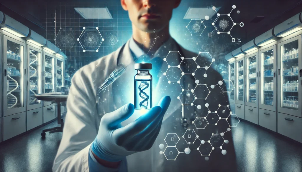 A scientist in a modern lab holding a vial of specialized medicine, with a digital molecular model displayed in the background. The scene represents advancements in personalized medicine and targeted therapy in biotech and pharmaceuticals.