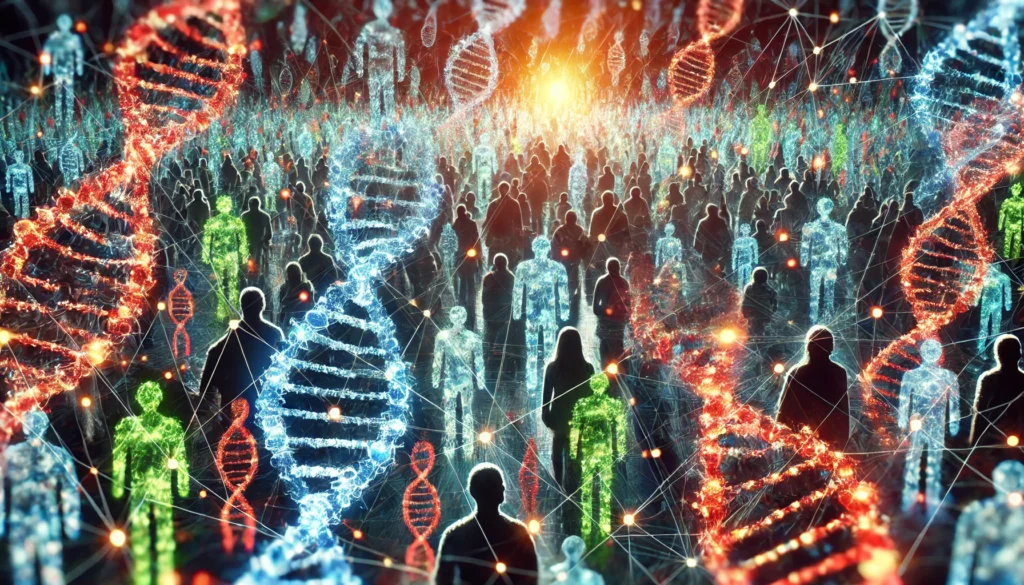 A futuristic depiction of population genetics, featuring interconnected DNA strands overlaying a diverse crowd of silhouetted figures. The image represents genetic variation, evolutionary patterns, and gene flow among populations.