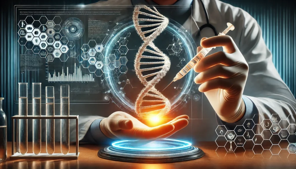 An advanced gene therapy concept showing a scientist using a futuristic genetic modification tool to precisely alter a DNA sequence. The glowing helix is displayed on a high-tech digital interface in a sleek medical laboratory setting.