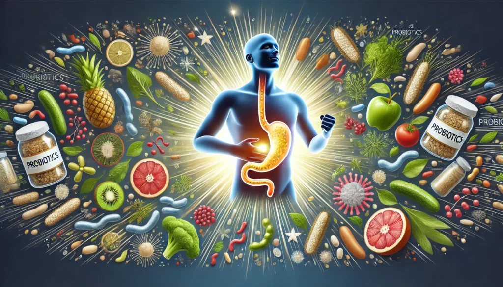 A happy, healthy person with a glowing stomach, surrounded by fresh fruits, vegetables, and swirling beneficial bacteria. The image radiates vitality and well-being, symbolizing the positive effects of probiotics on overall health.