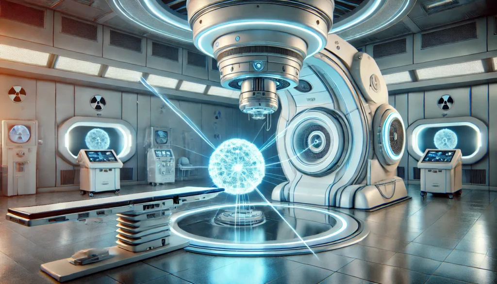 A high-tech medical facility featuring an advanced proton therapy machine emitting a precise radiation beam to target and treat cancer tumors with minimal side effects.