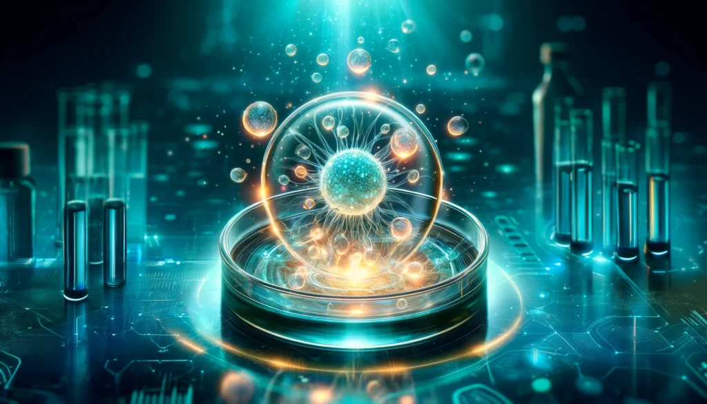 A dramatic depiction of a medical breakthrough, showing a futuristic glowing petri dish with advanced cellular regeneration. Tiny illuminated particles swirl around, symbolizing revolutionary stem cell therapy. The background features a high-tech laboratory setting with a soft blue glow, emphasizing cutting-edge scientific progress.