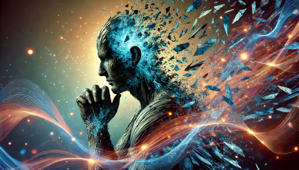 A symbolic representation of schizophrenia treatment, featuring a human silhouette with fragmented, chaotic shards being gently reassembled by glowing energy waves. The colors transition from dark and turbulent to calming blue, signifying the restoration of mental balance. The background has a soft, futuristic medical ambiance, representing healing and innovation.