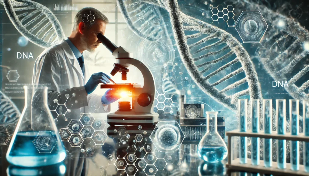 A researcher using a high-powered microscope to analyze genetic material in a laboratory. DNA helix models and cutting-edge biotech equipment in the background represent the latest breakthroughs in gene therapy treatments.