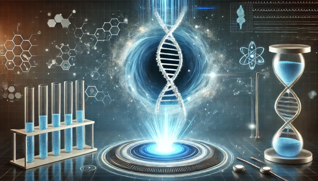 A visually striking depiction of a futuristic medical breakthrough, featuring an illuminated DNA strand emerging from a glowing blue vortex, symbolizing scientific innovation and advanced therapy development. The background has a high-tech laboratory aesthetic with soft light effects, emphasizing progress in medical research.