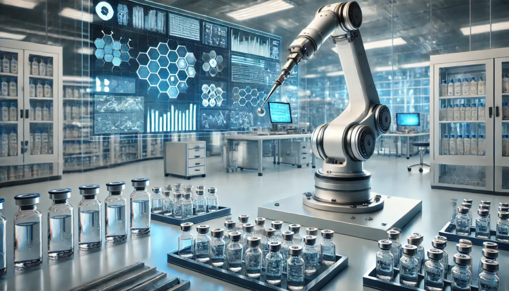 A robotic arm precisely handling vials filled with new liquid medications in a high-tech pharmaceutical lab. The background features sterile surfaces, digital monitoring screens, and blue lighting, symbolizing modern drug development.