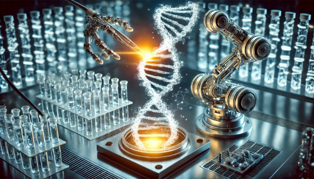 A highly detailed close-up of a glowing DNA double helix being precisely manipulated by robotic arms in a sterile laboratory, representing advanced genetic engineering and biotechnology.