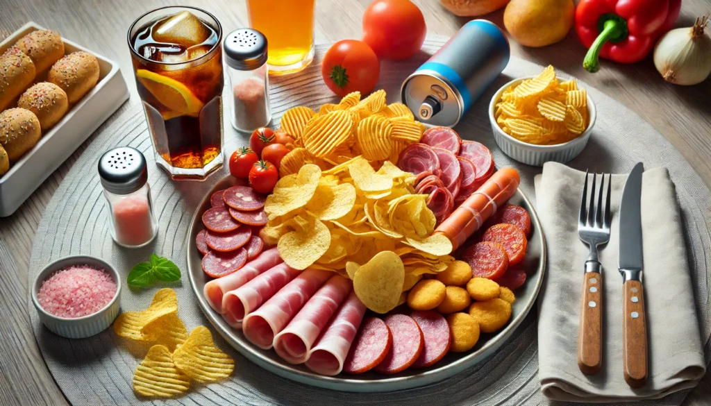 A plate filled with salty and processed foods, including chips, cured meats, and fried snacks. The meal symbolizes excessive sodium intake as a major dietary risk for high blood pressure.