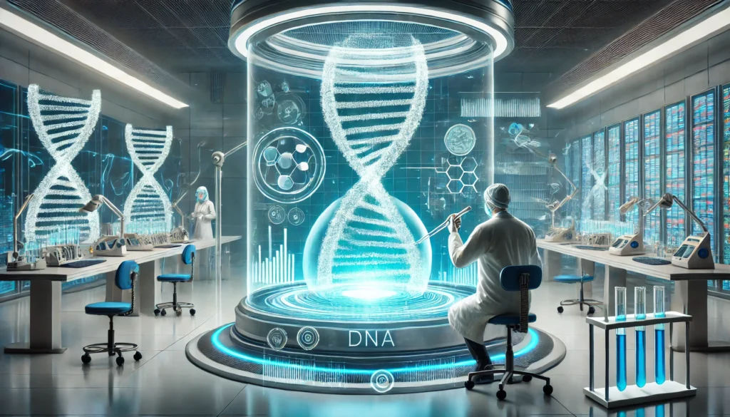 A futuristic laboratory scene showing a scientist manipulating a glowing DNA strand using advanced biotech tools. The environment is sleek, featuring holographic genetic data, representing cutting-edge research in personalized medicine and genetic engineering.