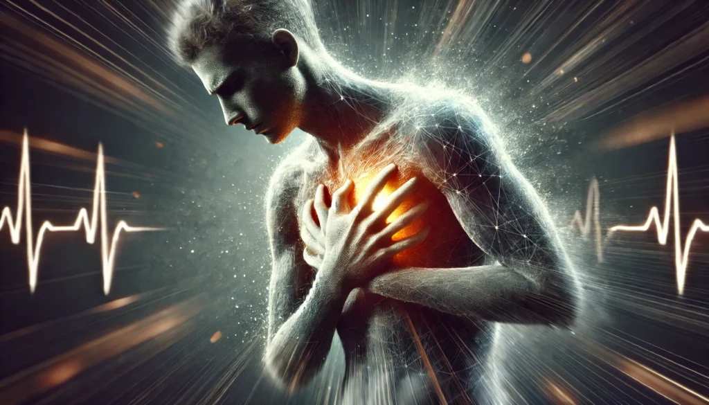 A conceptual digital illustration of shortness of breath, showing a person clutching their chest while struggling to breathe. The image features a dark, moody background with a glowing effect around the chest area, symbolizing respiratory distress as a COVID symptom.