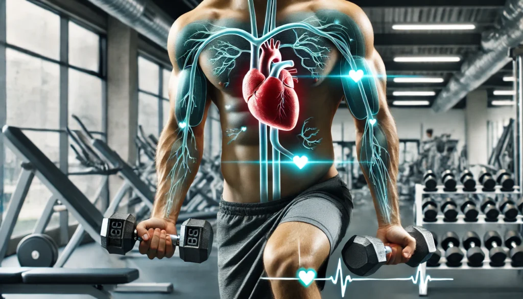A person lifting dumbbells in a gym, demonstrating how strength training supports heart health by reducing cholesterol and enhancing fitness levels.