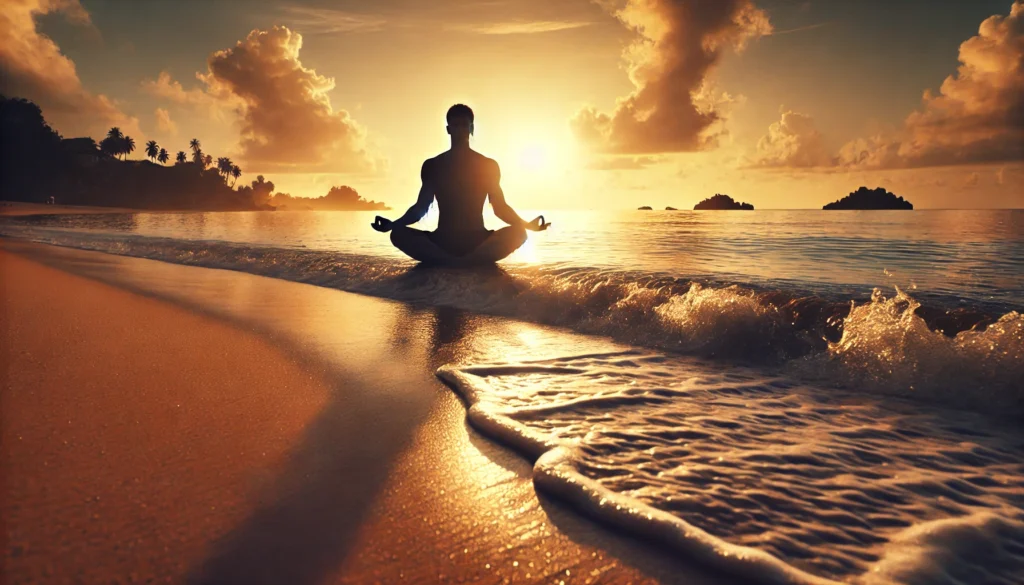 A person meditating on a peaceful beach at sunrise, surrounded by calm ocean waves and warm sunlight, symbolizing relaxation and stress management to support heart health.
