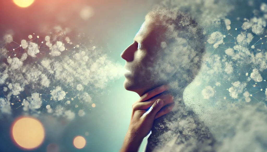A close-up depiction of a person grasping their throat, struggling to breathe. The misty background represents airflow obstruction, symbolizing respiratory distress and difficulty inhaling.