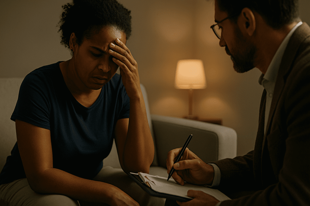 A therapy session unfolds in a softly lit room where a distressed African American woman sits on a neutral-toned couch, her hand covering her eyes in visible emotional strain. A male therapist in a brown blazer observes her with focused concern, while warm ambient lighting from a nearby lamp casts a gentle glow, emphasizing the emotional intensity of the moment and connecting to the theme of sudden spikes in blood pressure linked to psychological stress.